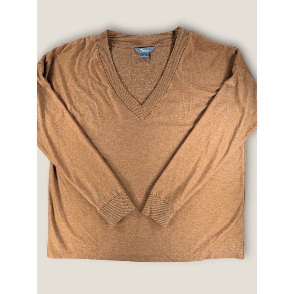 Natural‎ Reflections V-Neck Pullover Top Large Brown Camel Soft Stretch Knit